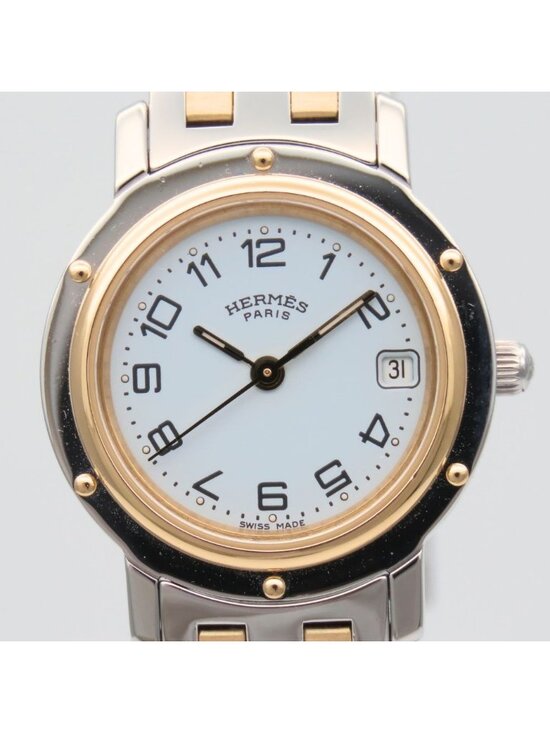 Hermes Watch Clipper Stainless Steel Silver Gold Dial White Plated SS main image 6